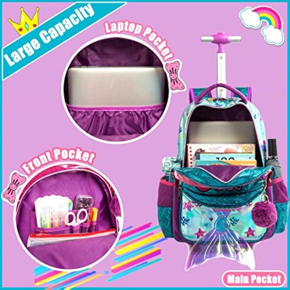 New Mermaid Rolling Backpack for Girls Backpacks with Wheels - Picture 4 of 5